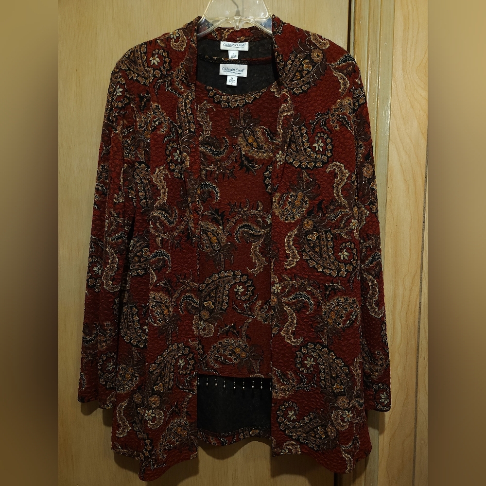 Coldwater Creek 2pc Jacket & Top Womens Med Deep Red Paisley Floral Print USA